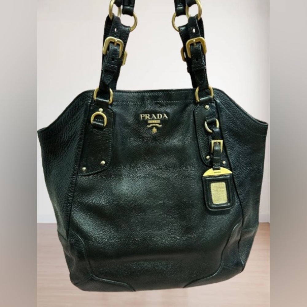 Prada Black Leather Tote with Gold Accents - Picture 1 of 16